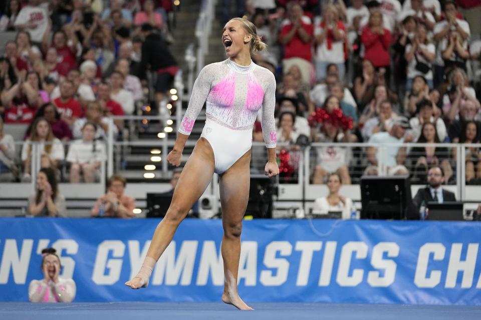 Utah’s Abby Brenner celebrates after competing in the floor exercise during the final of the NCAA women’s gymnastics championships Saturday, April 15, 2023, in Fort Worth, Texas. | Tony Gutierrez, AP