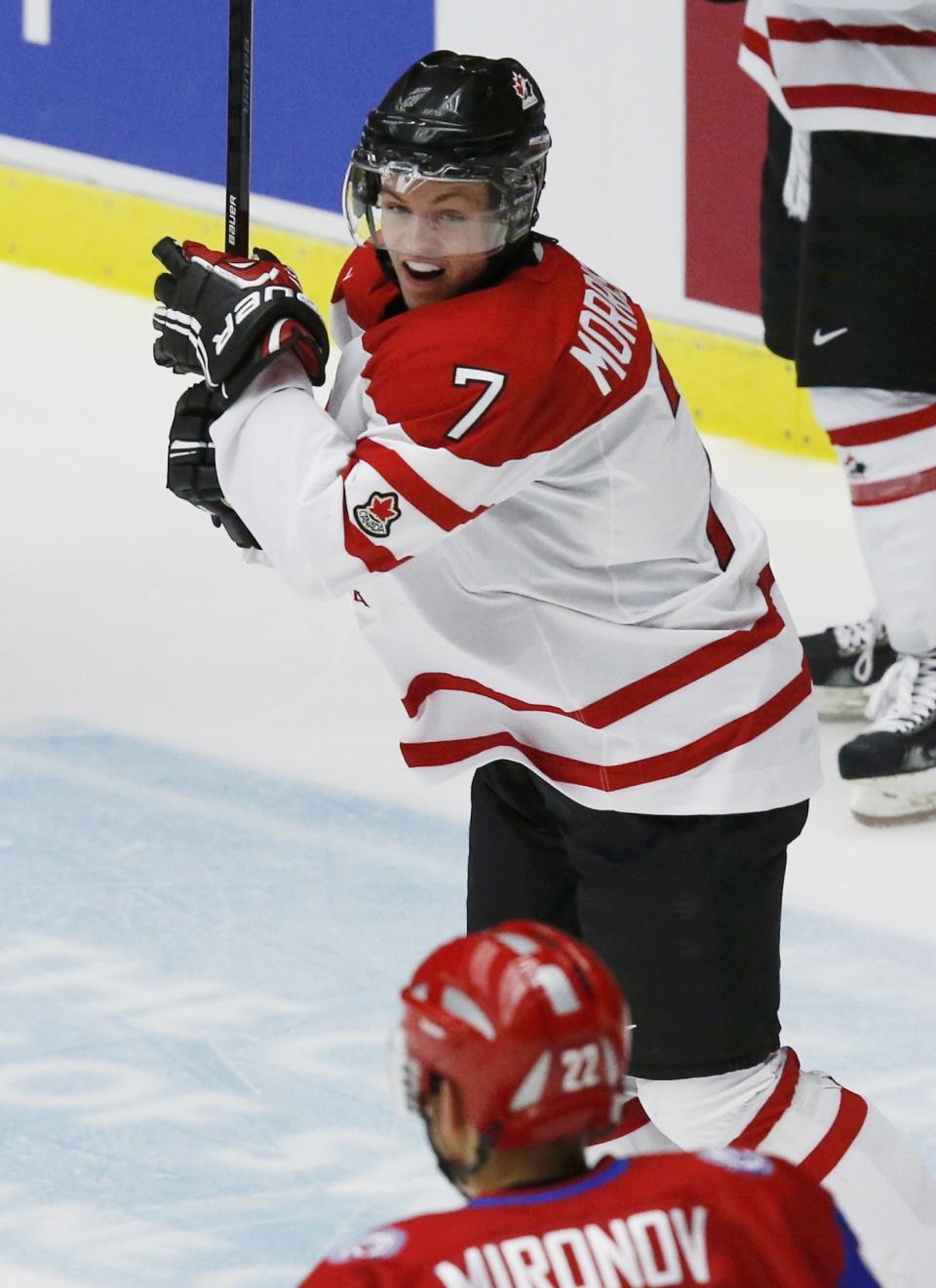 Canada's Josh Morrissey reacts after scoring against Russia during the third period of their IIHF World Junior Championship bronze medal ice hockey game in Malmo, Sweden, January 5, 2014. REUTERS/Alexander Demianchuk (SWEDEN - Tags: SPORT ICE HOCKEY)