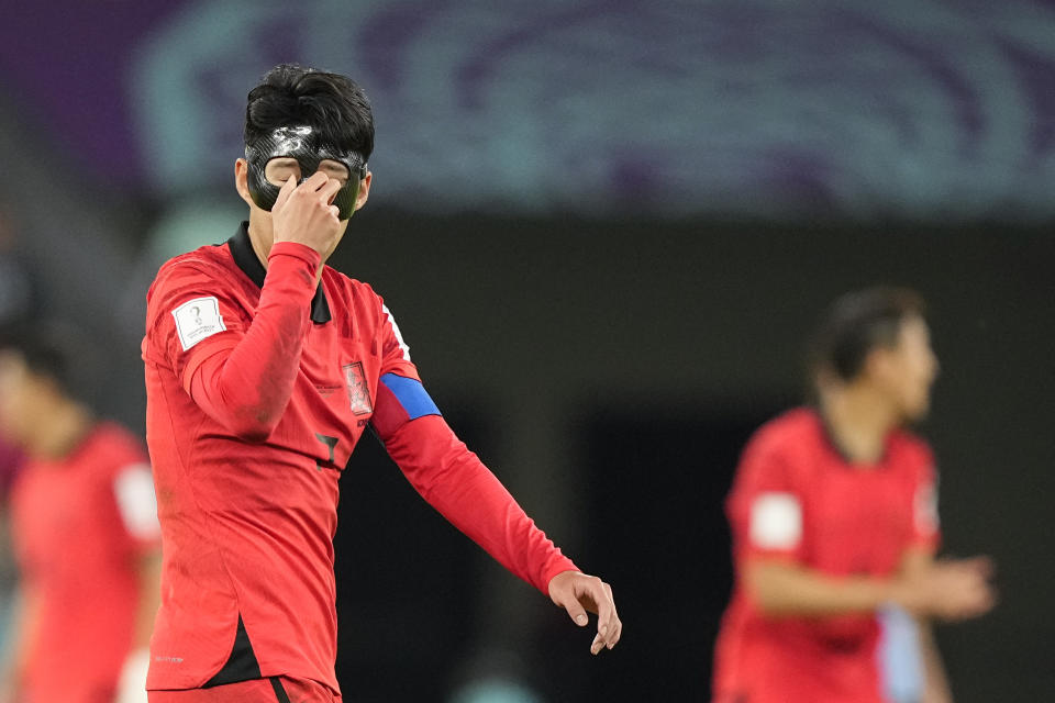 South Korea's Son Heung-min reacts during the World Cup group H soccer match between Uruguay and South Korea, at the Education City Stadium in Al Rayyan , Qatar, Thursday, Nov. 24, 2022. (AP Photo/Martin Meissner)