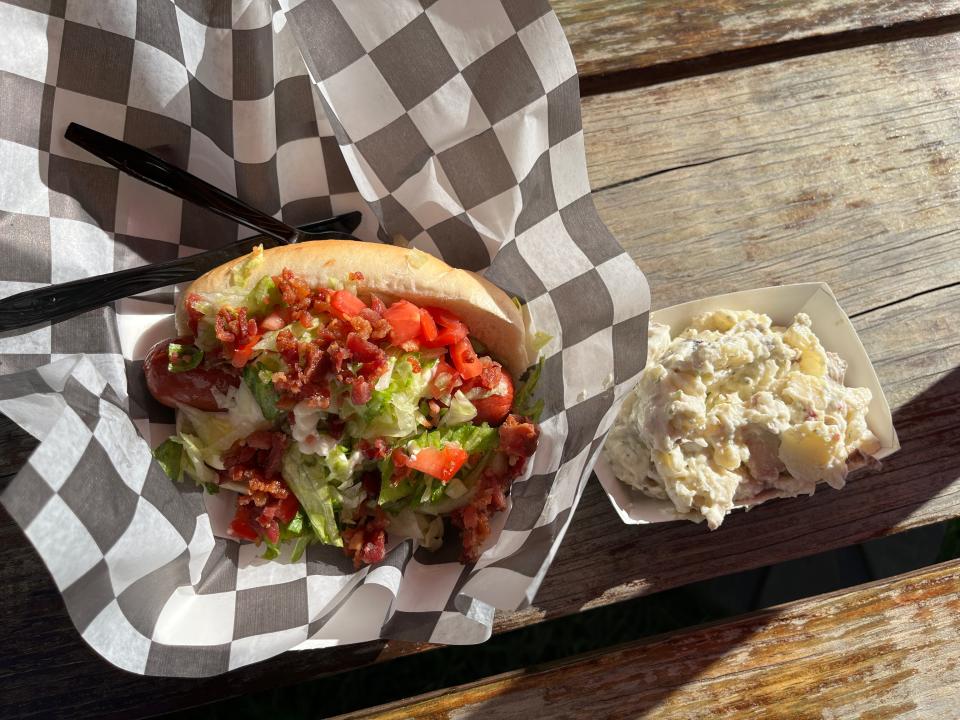 A hot dog with toppings next to a serving of potato salad