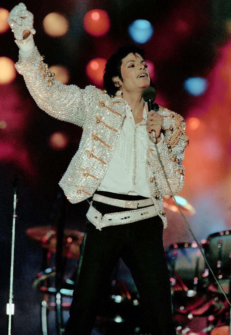 Singer Michael Jackson, performs at Dodgers Stadium in Los Angeles, during his "Victory Tour" in July 1984.