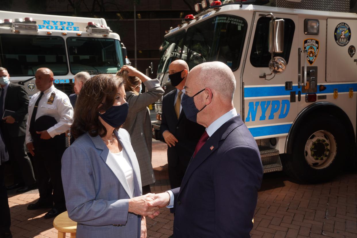 New York Gov. Kathy Hochul joins U.S. Department of Homeland Security Secretary Alejandro Mayorkas in Manhattan, New York on Sept. 10, 2021.