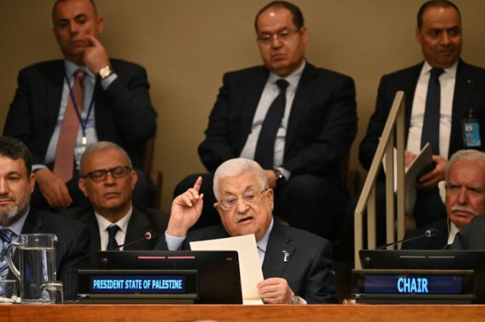 Palestinian Authority President Mahmud Abbas speaks during an event to commemorate the 75th anniversary of the Nakba at the United Nations headquarters in New York on May 15, 2023