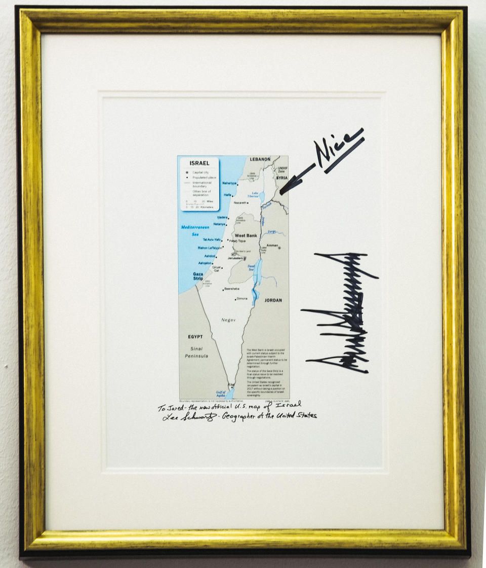 A revised map of Israel on which Trump drew an arrow pointing to the inclusion of the Golan Heights. | Christopher Lee for TIME