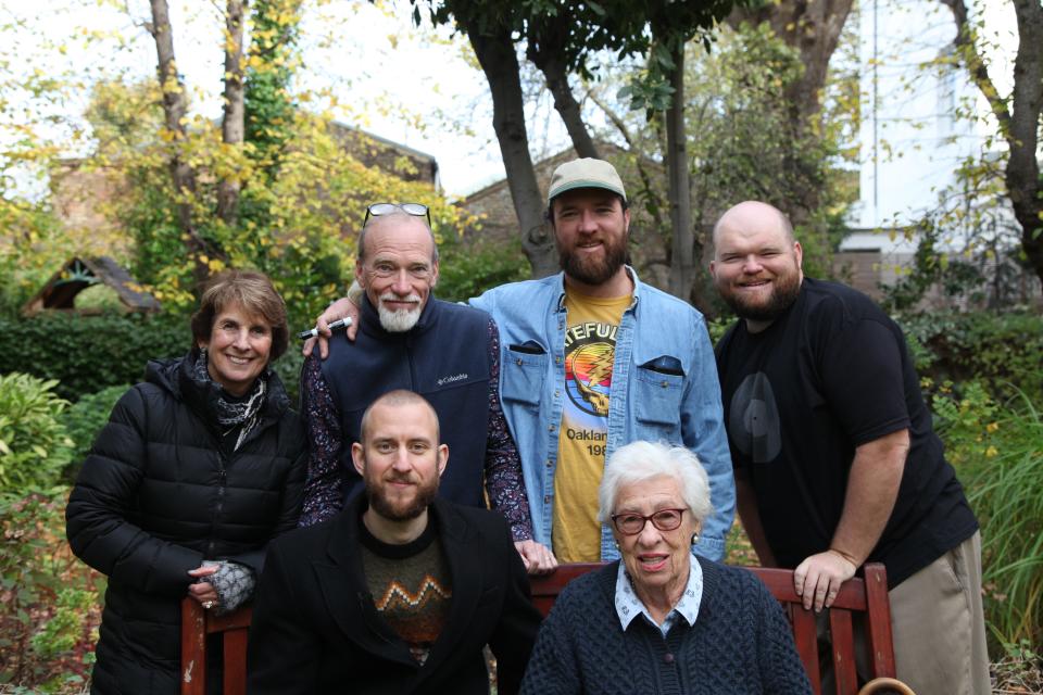 On location in Amsterdam: (Clockwise from left) Montclair State University professors Susan Kerner and Steve McCarthy, Justin and Ryan McCarthy, Eva Schloss and her grandson Eric Schloss.