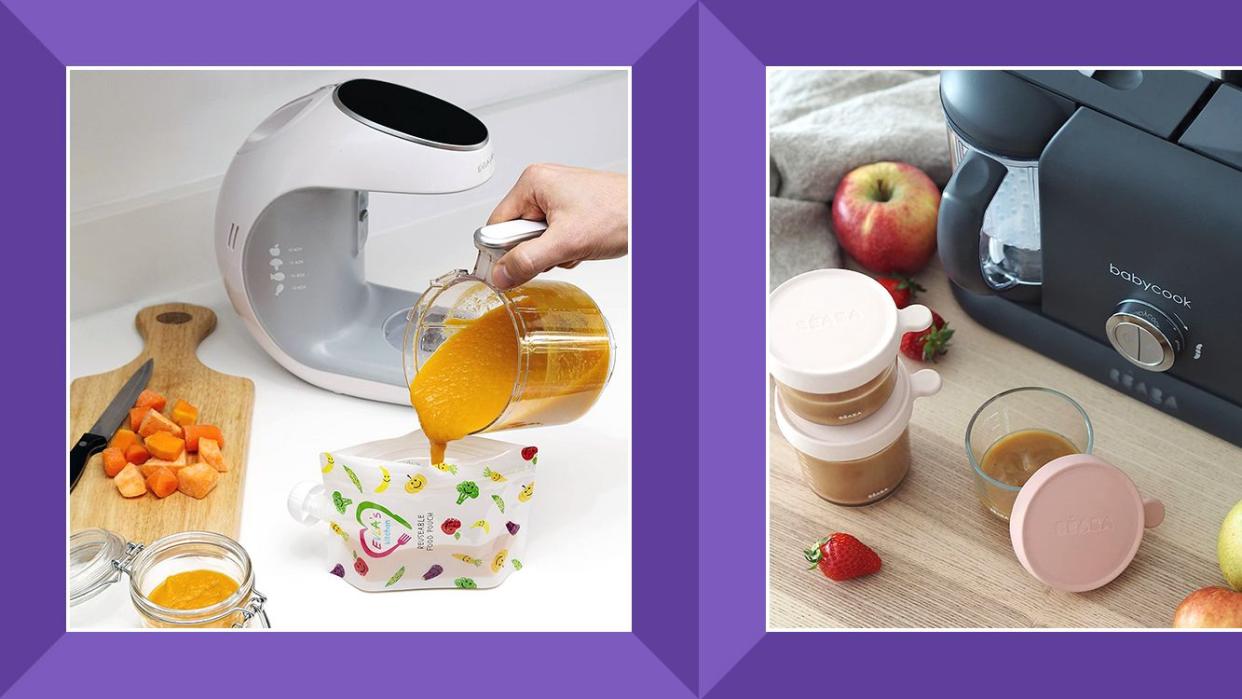 a person pouring a puree into a baby food pouch, stacks of baby food containers next to baby food maker