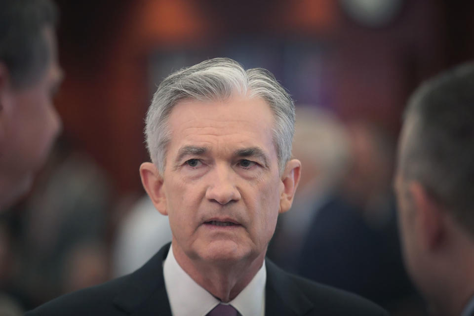 CHICAGO, ILLINOIS - JUNE 04: Jerome Powell, Chair, Board of Governors of the Federal Reserve speaks to guests during a conference at the Federal Reserve Bank of Chicago on June 04, 2019 in Chicago, Illinois. The conference was held to discuss monetary policy strategy, tools and communication practices.  (Photo by Scott Olson/Getty Images)