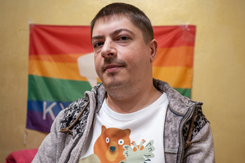 Ukrainian LGBTQ activist Maksim Mishkin at KyivPride's offices. (Mo Abbas / NBC News)