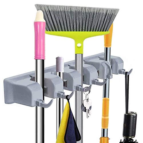 CINEYO Mop and Broom Holder Wall Mount Heavy Duty Broom Holder Wall Mounted or Tool Organizer For Home Garden Garage And Storage (5 Positions with 6 Hooks) (Grey)