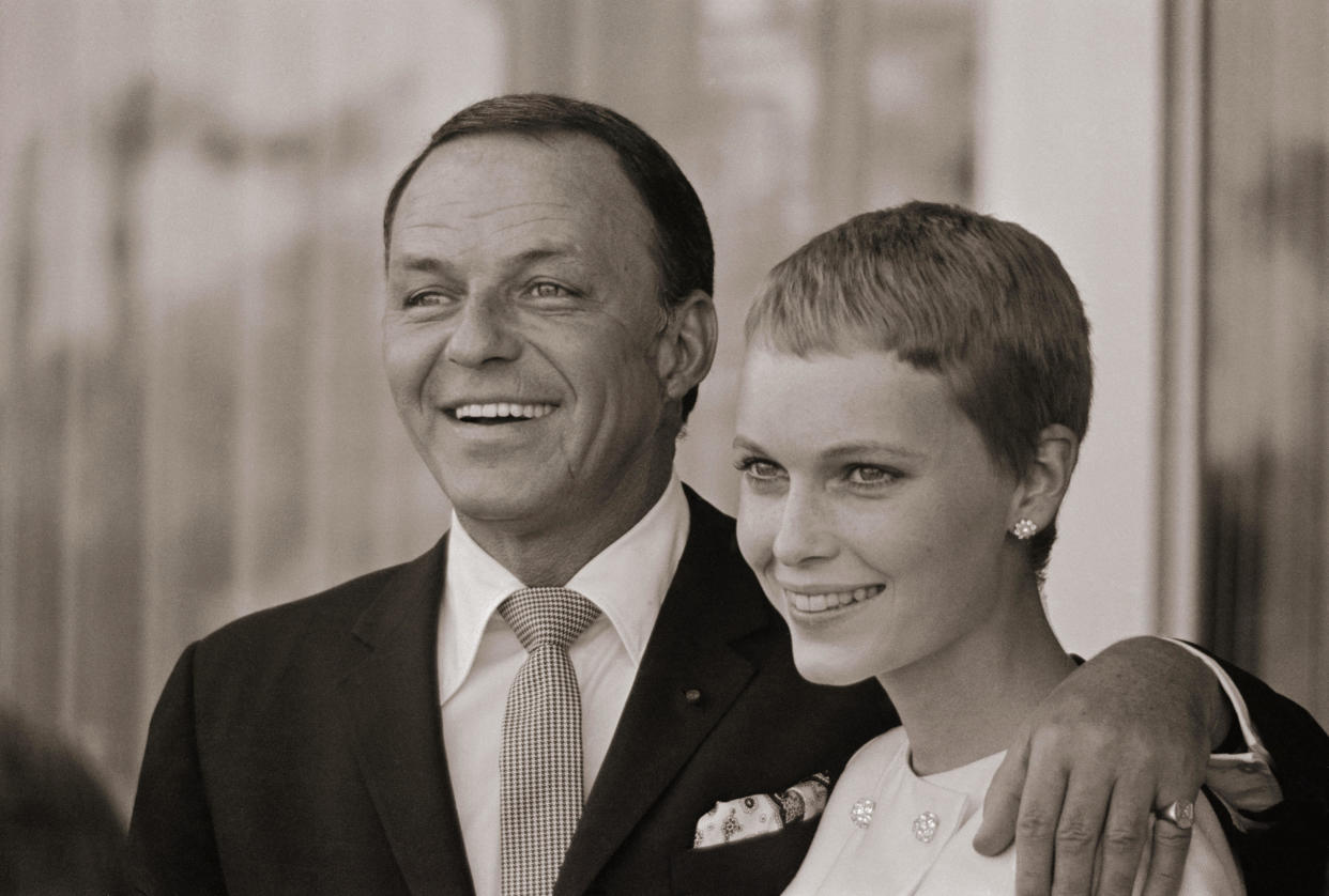 Frank Sinatra and Mia Farrow seen following their wedding in Las Vegas in July 19, 1966. / Credit: Bettmann/Getty Images