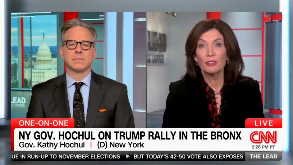 “I’ll tell you what won’t make a difference at all Jake and that’s for Donald Trump to be the ringleader and invite all his clowns to a place like the Bronx,” Hochul said on CNN before Trump’s Bronx rally on Thursday. CNN