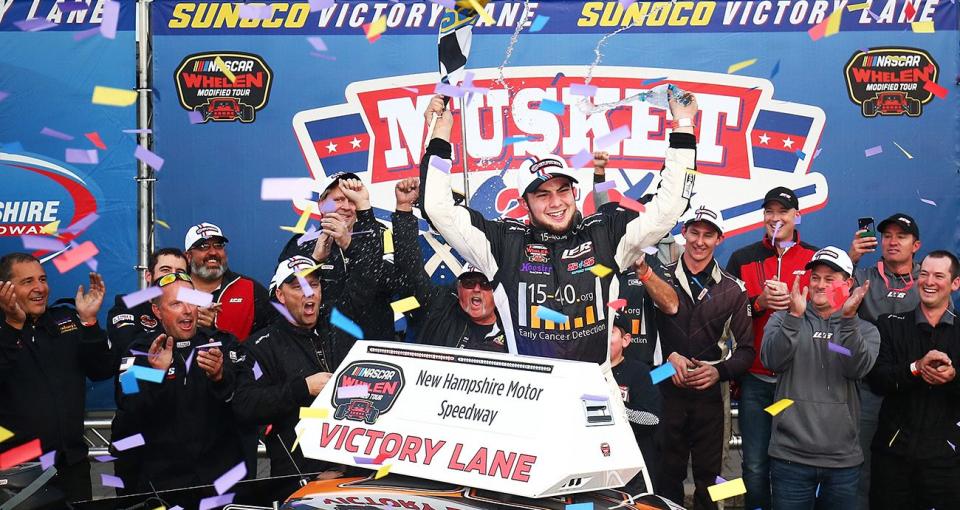 LOUDON, NH - SEPTEMBER 22: Chase Dowling, driver of the #15 15-40 Connection / S&S Paving Chevrolet, celebrates in victory lane after winning the NASCAR Whelen Modified Tour Musket 250 at New Hampshire Motor Speedway on September 22, 2018 in Loudon, New Hampshire. (Photo by Adam Glanzman/NASCAR)