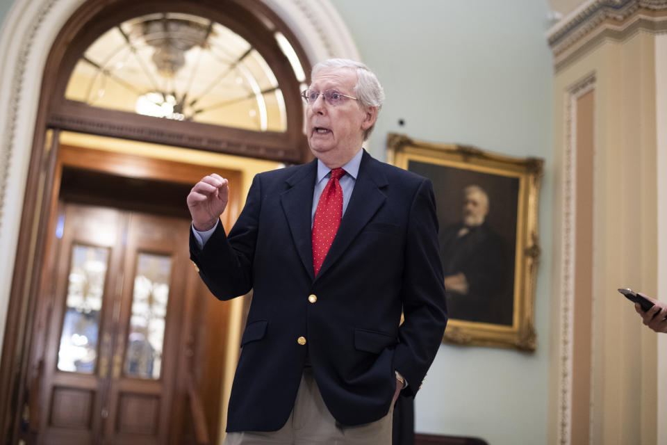 UNITED STATES - APRIL 9: Senate Majority Leader Mitch McConnell, R-Ky., speaks to the media in the Capitol after Sens. Ben Cardin, D-Md., and Chris Van Hollen, D-Md., opposed more funds be added to the coronavirus response fund on Thursday, April 9, 2020. Cardin said the bill wouldn't "address the immediate need of small businesses." (Photo By Tom Williams/CQ-Roll Call, Inc via Getty Images)