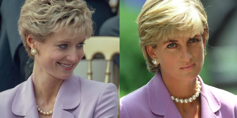 <p>Just a few months before her tragic death, Princess Diana made a stop in Washington D.C. to work with the American Red Cross. She arrived in this lilac suit with pearl accessories—an outfit season 5 imitates in a seriously impressive way.</p>