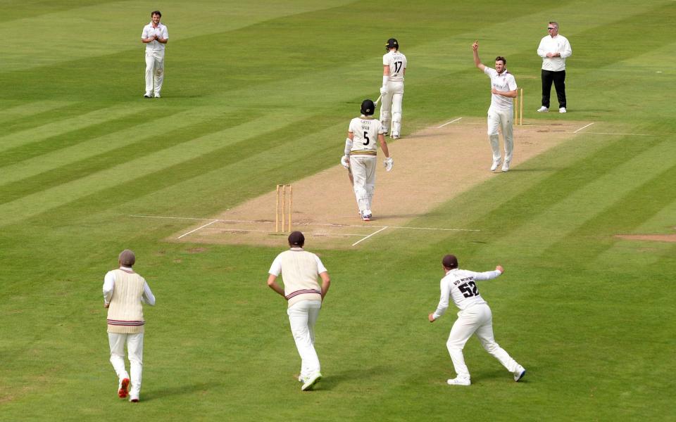 Craig Overton of Somerset celebrates after taking the wicket of Josh Shaw of Gloucestershire - GETTY IMAGES