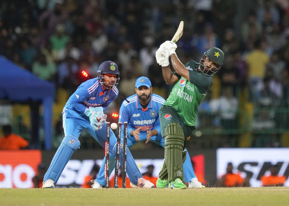 Pakistan's Fakhar Zaman is bowled out during the Asia Cup cricket match between India and Pakistan in Colombo, Sri Lanka on Monday, Sept.11, 2023. (AP Photo/Eranga Jayawardena)