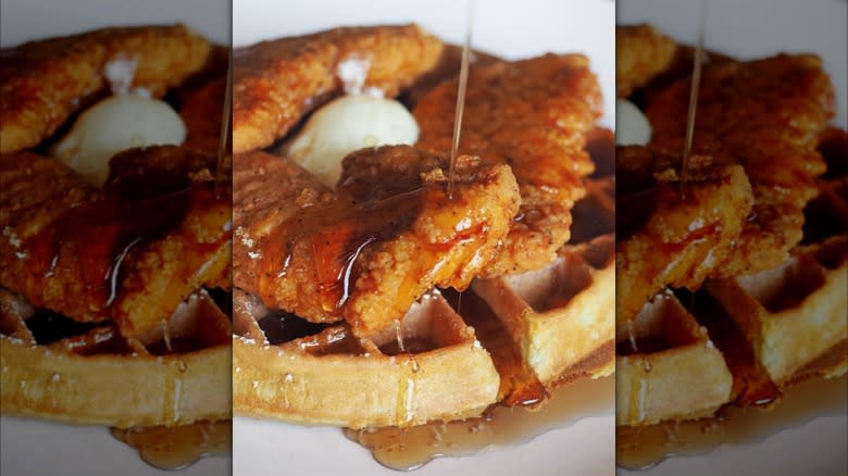 Syrup on chicken and waffles