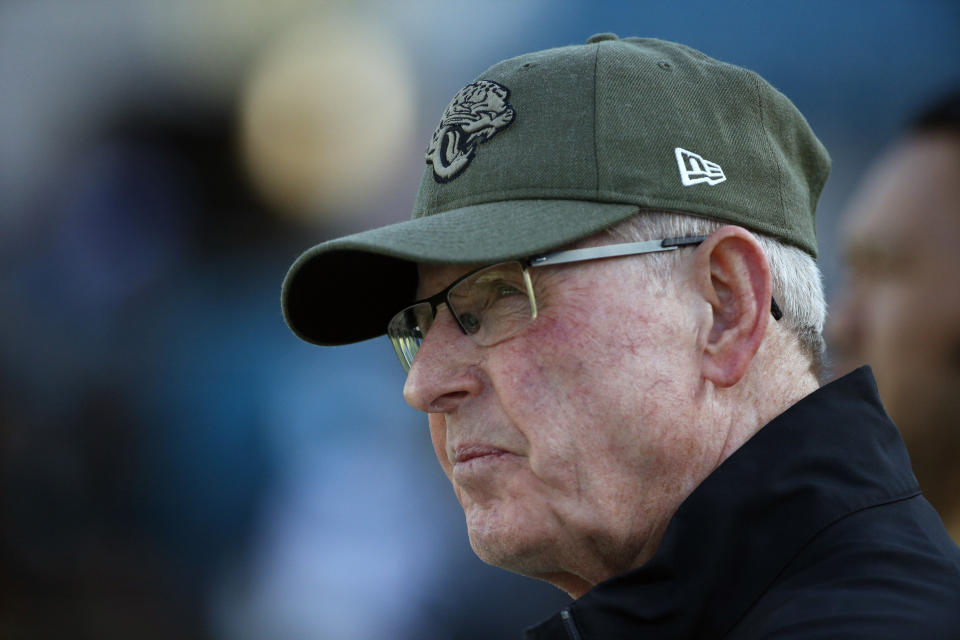 File-This photo taken Aug. 29, 2019, shows Tom Coughlin, executive vice president of football operations for the Jacksonville Jaguars watching players warm up before an NFL preseason football game in Jacksonville, Fla. Owner Shad Khan has a decision to make about the Jaguars (4-7), who are on the verge of missing the playoffs for the 11th time in the last 12 years. Khan hired Coughlin and head coach Doug Marrone at the same time in 2017, adding them to incumbent general manager Dave Caldwell and creating a triumvirate that worked well for two seasons. It now appears to be falling apart. Marrone took a shot at Coughlin on Tuesday, the first clear sign of internal strife. (AP Photo/Stephen B. Morton, File)