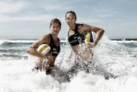 MANLY, AUSTRALIA - APRIL 02: (EDITORS NOTE: Image has been desaturated) Natalie Cook (L) and Tamsin Barnett (R) of Australia pose during an Australian Beach Volleyball portrait session at Manly Beach on April 2, 2012 in Manly, Australia. (Photo by Ryan Pierse/Getty Images)