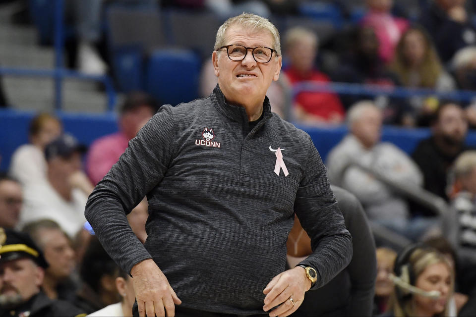 UConn head coach Geno Auriemma reacts in the first half of an NCAA college basketball game against Villanova, Sunday, Jan. 29, 2023, in Hartford, Conn. (AP Photo/Jessica Hill)