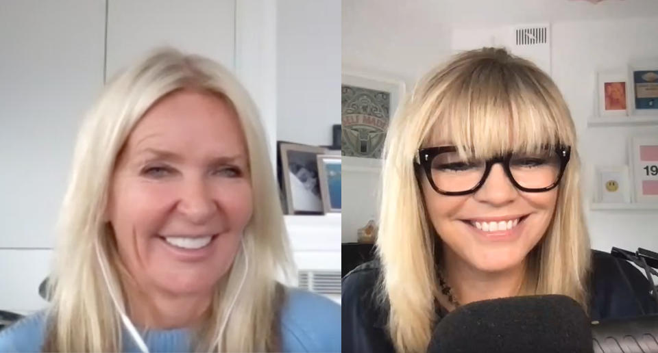 Despite suffering personal tragedy, Amanda Wakeley is determined to remain positive, pictured here recording the Yahoo UK White White Question Time podcast with Kate Thornton. (Supplied)