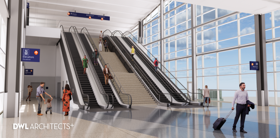 Renderings by DWL Architects show the new pedestrian walkway planned for Terminal B at Sacramento International Airport. Construction is projected to start in August.