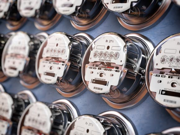 A bank of electricity meters.