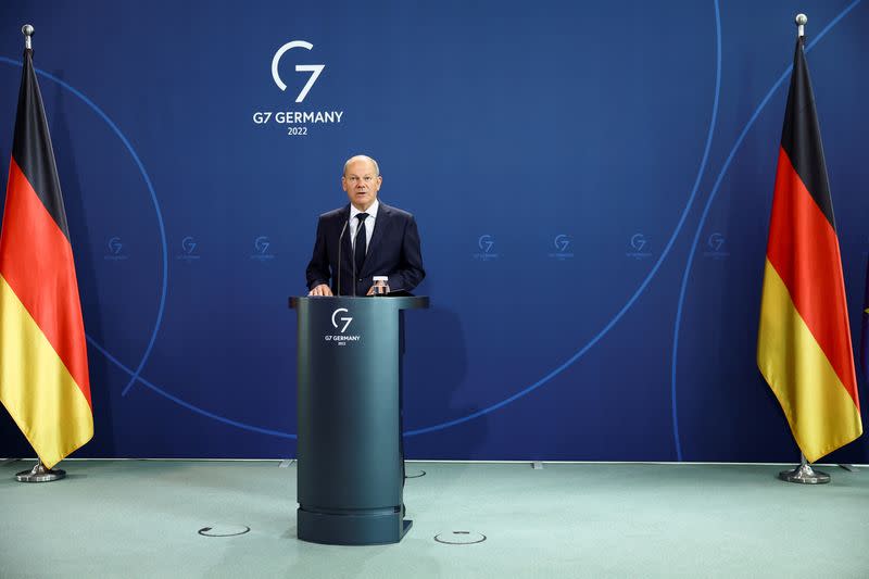 German Chancellor Scholz gives a press statement about the gas levy at the Chancellery, in Berlin