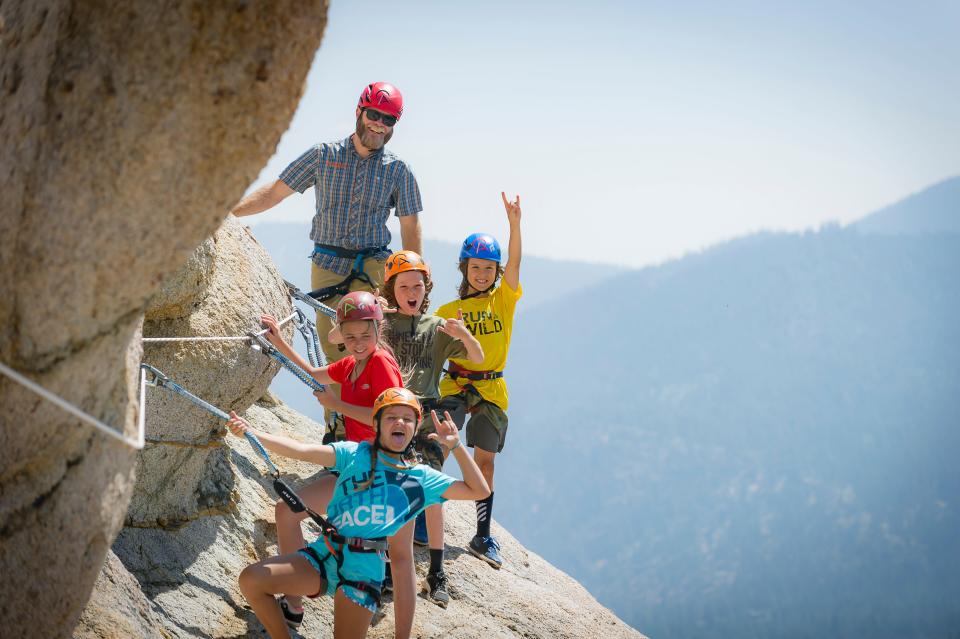 A family tries out the Tahoe Via Ferrata in Olympic Valley, Calif.