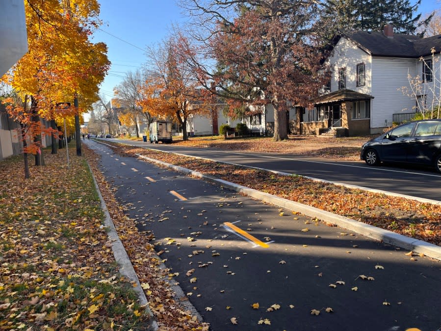 The new protected bike path along Turner Avenue in Grand Rapids. (Nov. 15, 2023)