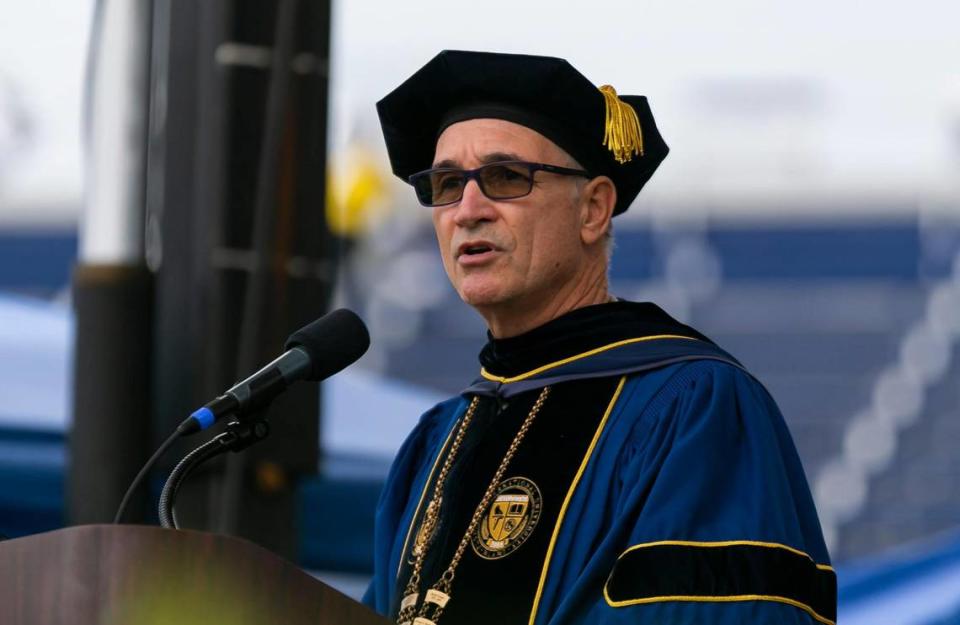 Florida International University Interim President Kenneth A. Jessell speaks during a graduation ceremony inside FIU’s Riccardo Silva Stadium in Miami, Florida on Saturday, April 30, 2022.