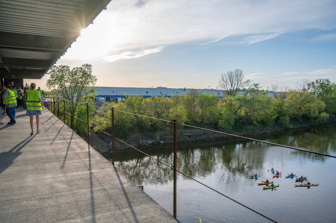 A viewing platform, still under construction, overlooks the Kansas River at Rock Island Bridge on Wednesday, April 17, 2024, in Kansas City, Kansas.