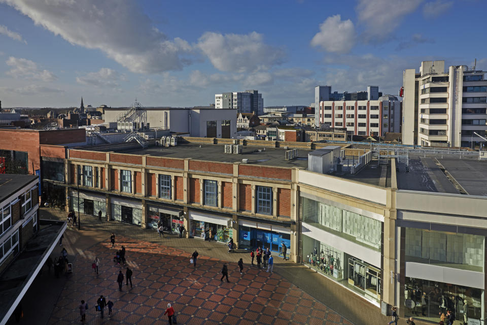 Elevated cityscape of the shopping centre of Swindon