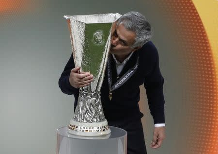 Football Soccer - Ajax Amsterdam v Manchester United - UEFA Europa League Final - Friends Arena, Solna, Stockholm, Sweden - 24/5/17 Manchester United manager Jose Mourinho kisses the tophy Reuters / Phil Noble Livepic