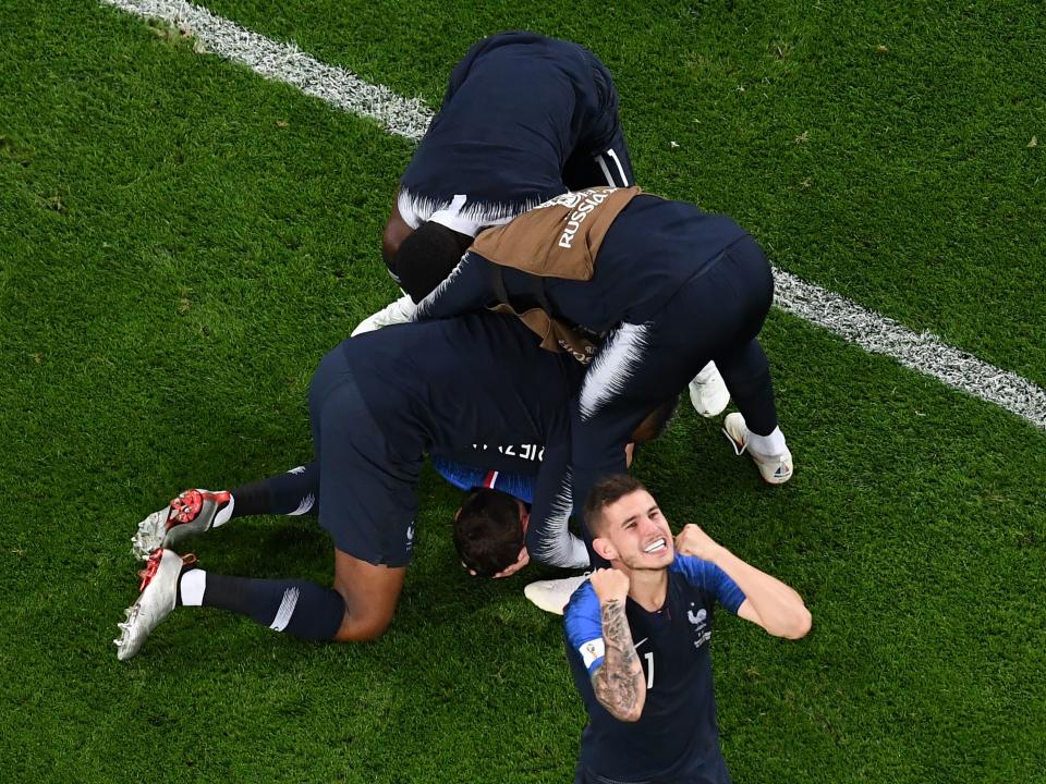 <p>France’s team players celebrate after winning at the end of the Russia 2018 World Cup semi-final football match between France and Belgium at the Saint Petersburg Stadium in Saint Petersburg on July 10, 2018. (Photo by Jewel SAMAD / AFP) </p>