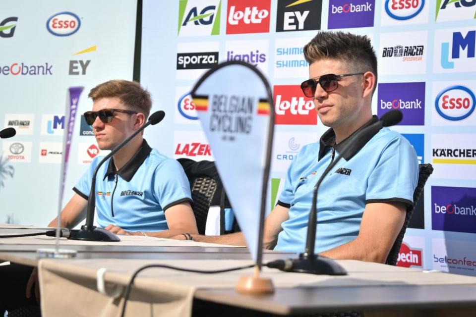 Remco Evenepoel (left) and Wout van Aert at a Belgium press conference in Flanders.