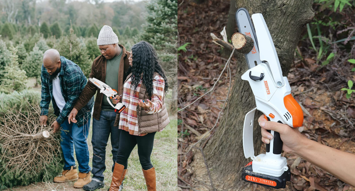 split screen of three people using mini chainsaw and person cutting branch off of tree, amazon canada mini chainsaw sale