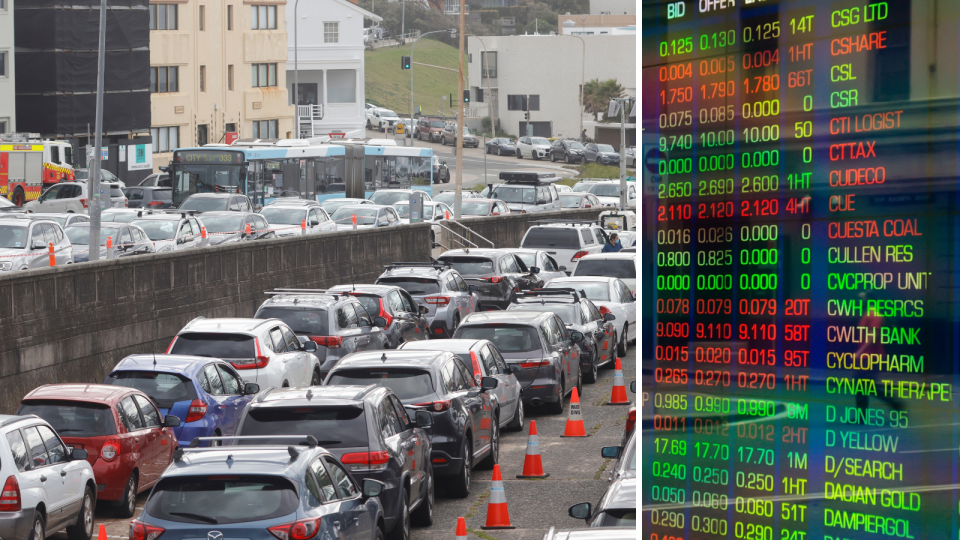 Cars queue at a Covid testing clinic in Sydney and the ASX board showing price changes.