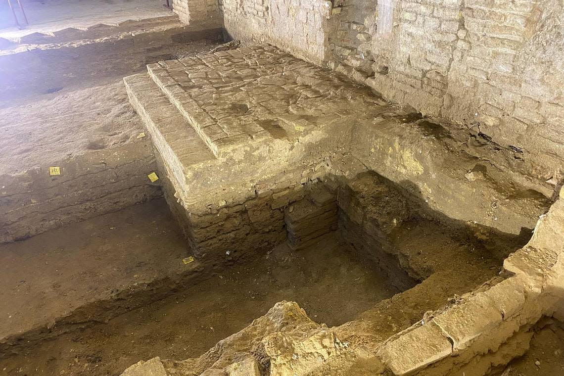 Ruins uncovered beneath the ground in the central hall.