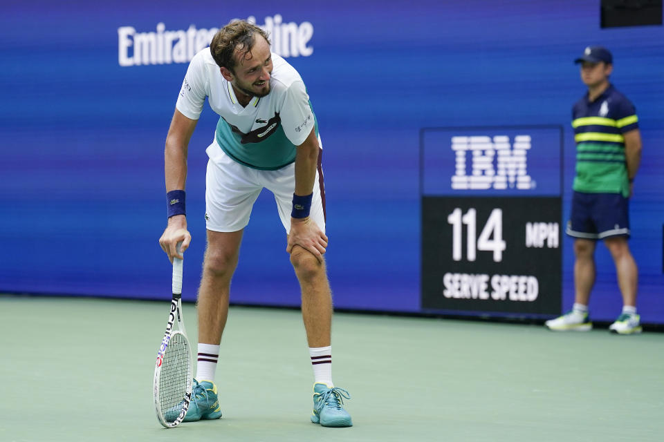 Daniil Medvedev, of Russia, reacts during a match against Andrey Rublev, of Russia, during the quarterfinals of the U.S. Open tennis championships, Wednesday, Sept. 6, 2023, in New York. (AP Photo/Seth Wenig)