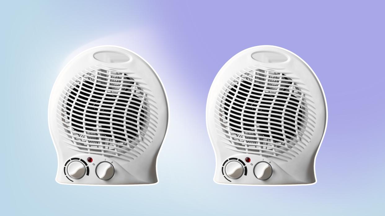  Two white space heaters on purple and blue background 