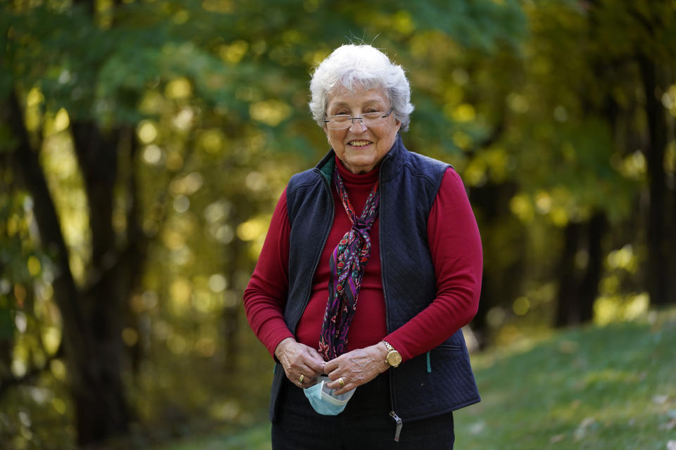 Nancy Strole poses for a portrait in Springfield Township, Mich., Thursday, Oct. 8, 2020. Strole, a longtime elected township clerk in the rural northern part of the county, had not been able to bring herself to vote for Trump. She considers herself an “old-fashioned kind of Republican.” She hasn’t changed, she said, her party was “hijacked.” (AP Photo/Paul Sancya)