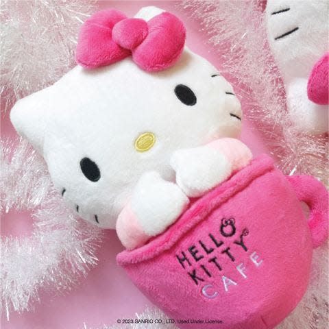 This is the new Hello Kitty Cafe cup plush. The Hello Kitty Cafe Truck will be stopping at Wauwatosa's Mayfair Mall on July 8, 2023.