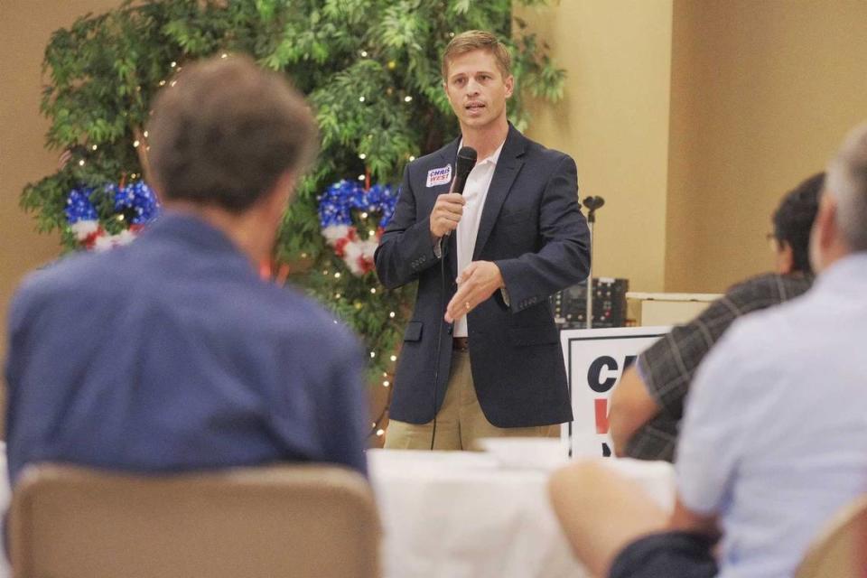 Chris West speaks at a Bibb County GOP meeting last week. West defeated Jeremy Hunt in the Republican primary runoff for Georgia’s 2nd Congressional District. He’ll take on incumbent Sanford Bishop this fall.