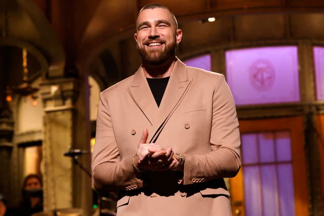 <p>Will Heath/NBC via Getty</p> Travis Kelce on 'Saturday Night Live'