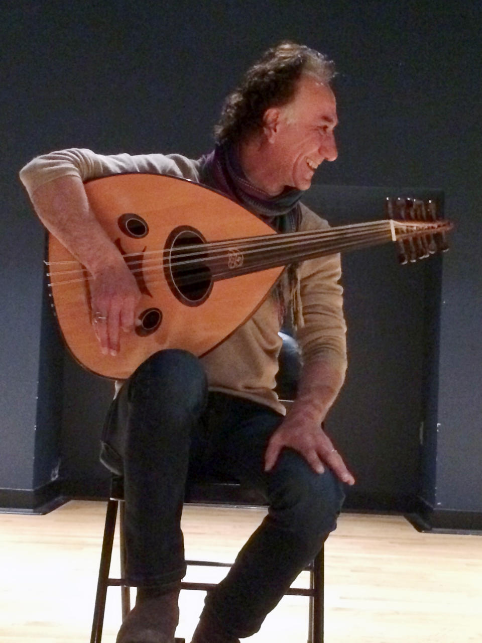 Iraqi American composer and musician Rahim AlHaj rehearses in Dearborn, Mich., Thursday, March 23, 2017. AlHaj composed a series of pieces based on the letters of eight Iraqis sharing personal tales during wartime. (AP photo/Jeff Karoub)