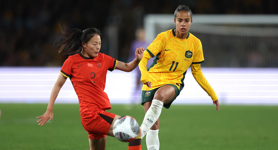 Seen here, Mary Fowler in action for the Matildas in a pre-Olympic Games friendly against China. 