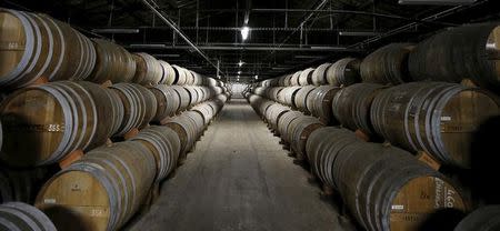 Oak barrels are stored in a cellar used for storing rare and old cognac at the Remy Martin factory in Cognac, southwestern France, November 6, 2015. REUTERS/Regis Duvignau