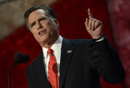 Mitt Romney speaks during the final day of the Republican National Convention in Florida on August 29. He has vowed that he would declare immediately that China is manipulating its currency by keeping the yuan artificially low