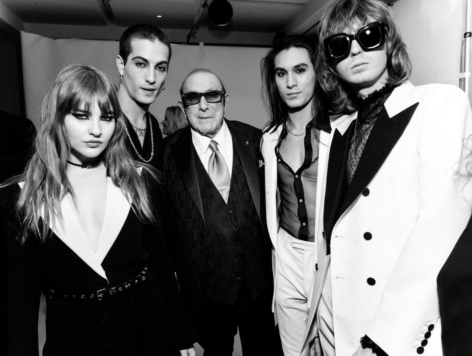 Italian rockers Maneskin were given the coveted opening slot at Clive Davis' Pre-Grammy Gala on Feb, 4, 2023. From left: Victoria De Angelis, Damiano David, Clive Davis, Ethan Torchio and Thomas Raggi.
